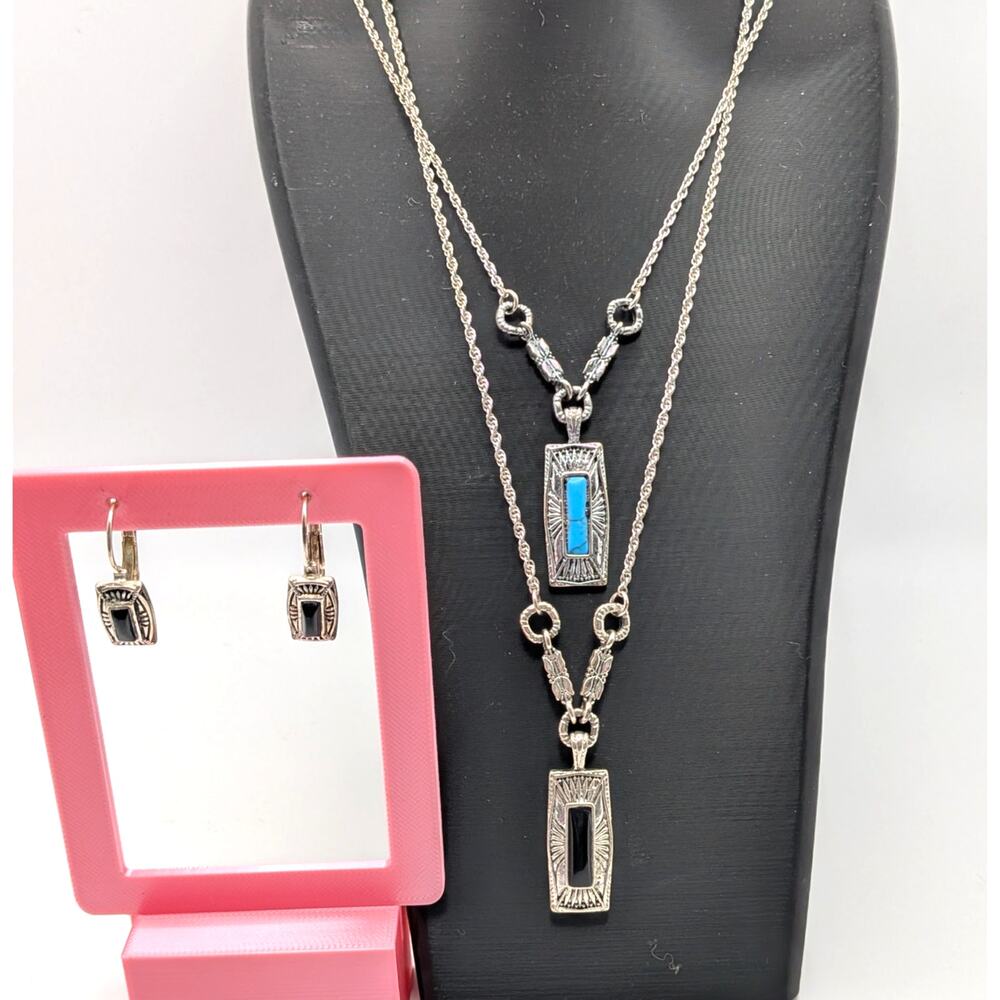 Vintage Silver Tone Blue Stone Necklace Black Stone Necklace Earrings 20 Inch